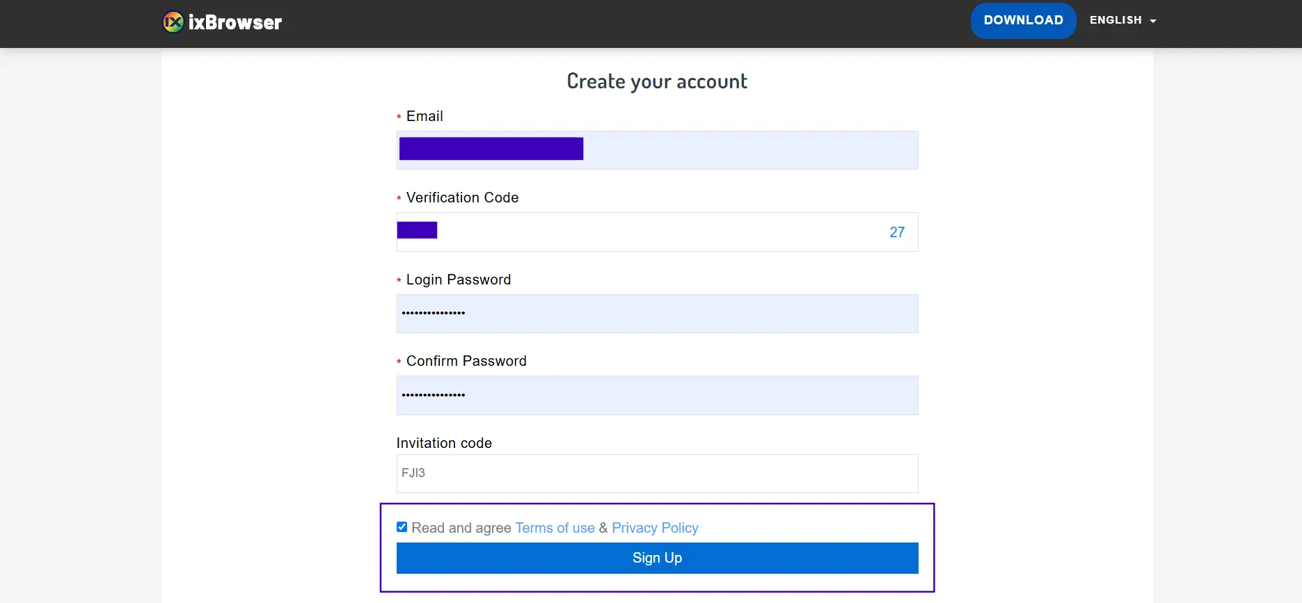 A screenshot showing how to create an account