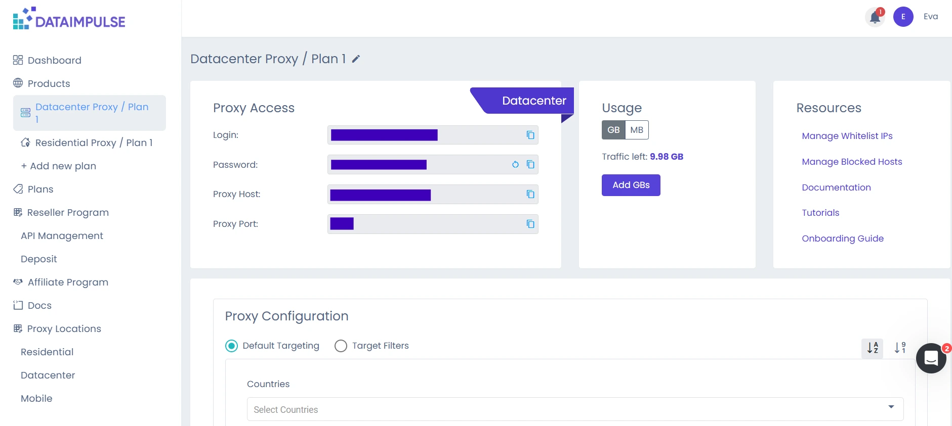 DataImpulse dashboard