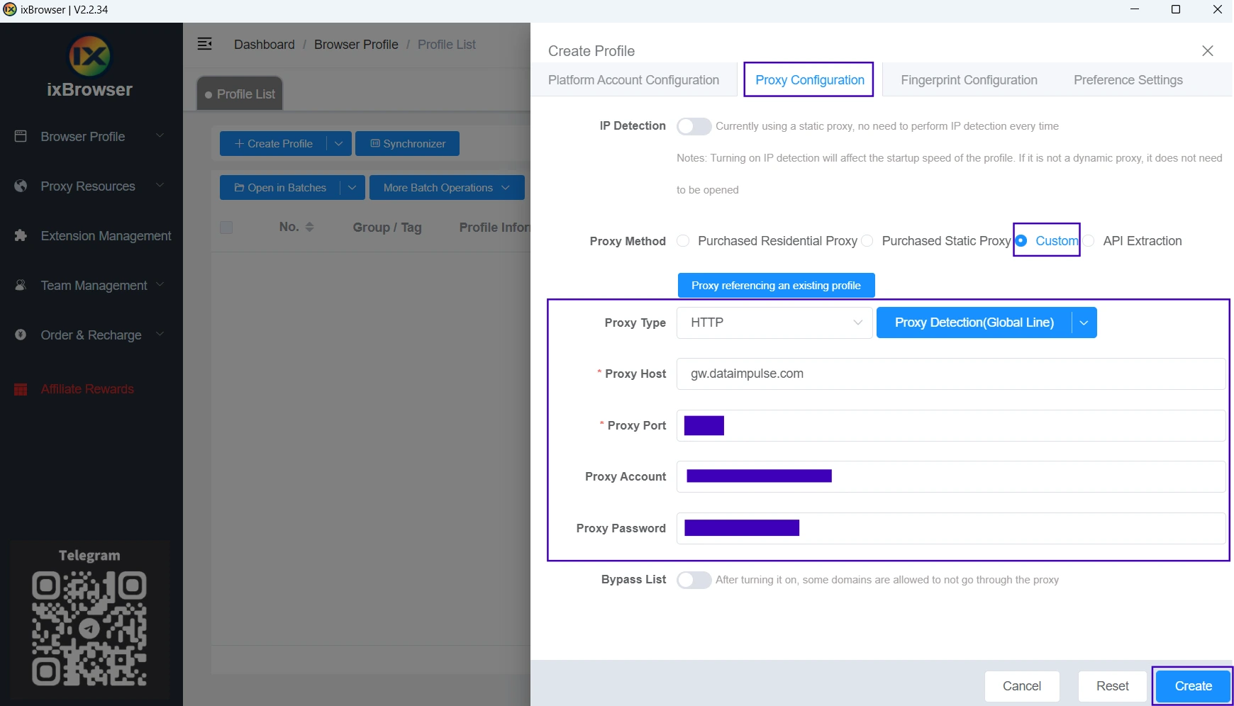 A screenshot showing how to configure proxies in ixBrowser