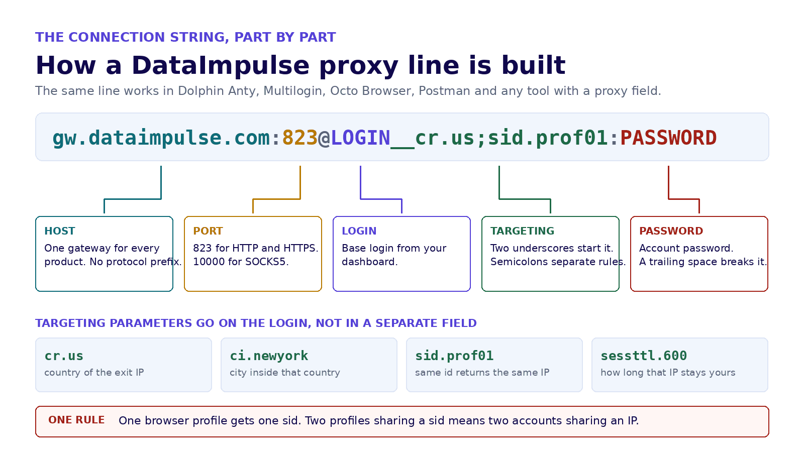 Anatomy of a DataImpulse proxy connection string: host, port, login, targeting parameters and password