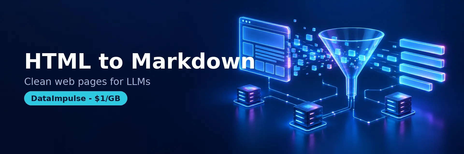 HTML source becoming structured Markdown through fetching, content extraction, conversion, and normalization