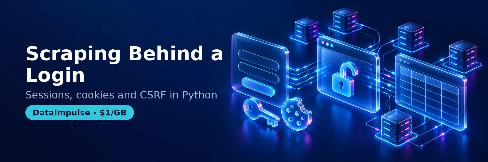 Authenticated Python scraping workflow showing login, session cookies, verification, and extraction